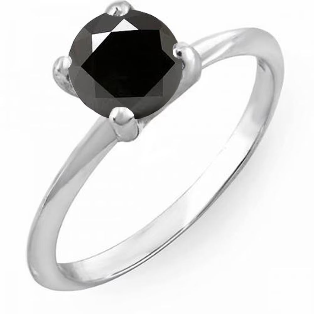 1.00 Carat 10K Round Black Diamond Solitaire Ring, White Gold, Size 7 S940