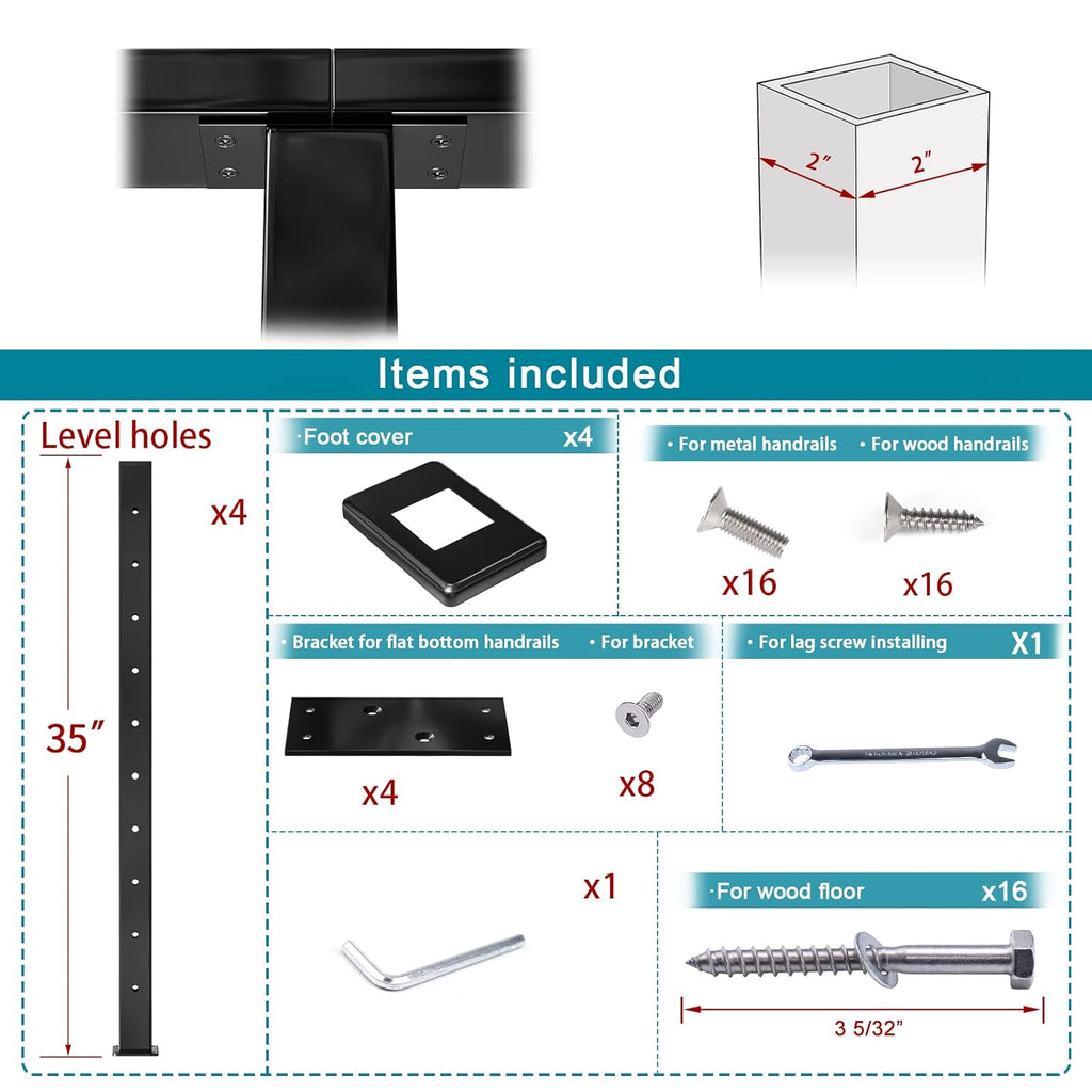 4Pack 36''x2''x2'' Black Square Weldless Stainless Steel Pre-Drilled Cable Railing Post R67224