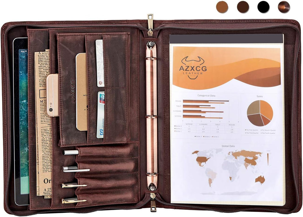 Dark Brown Genuine Leather Padfolio Binder with YKK Zipper F787