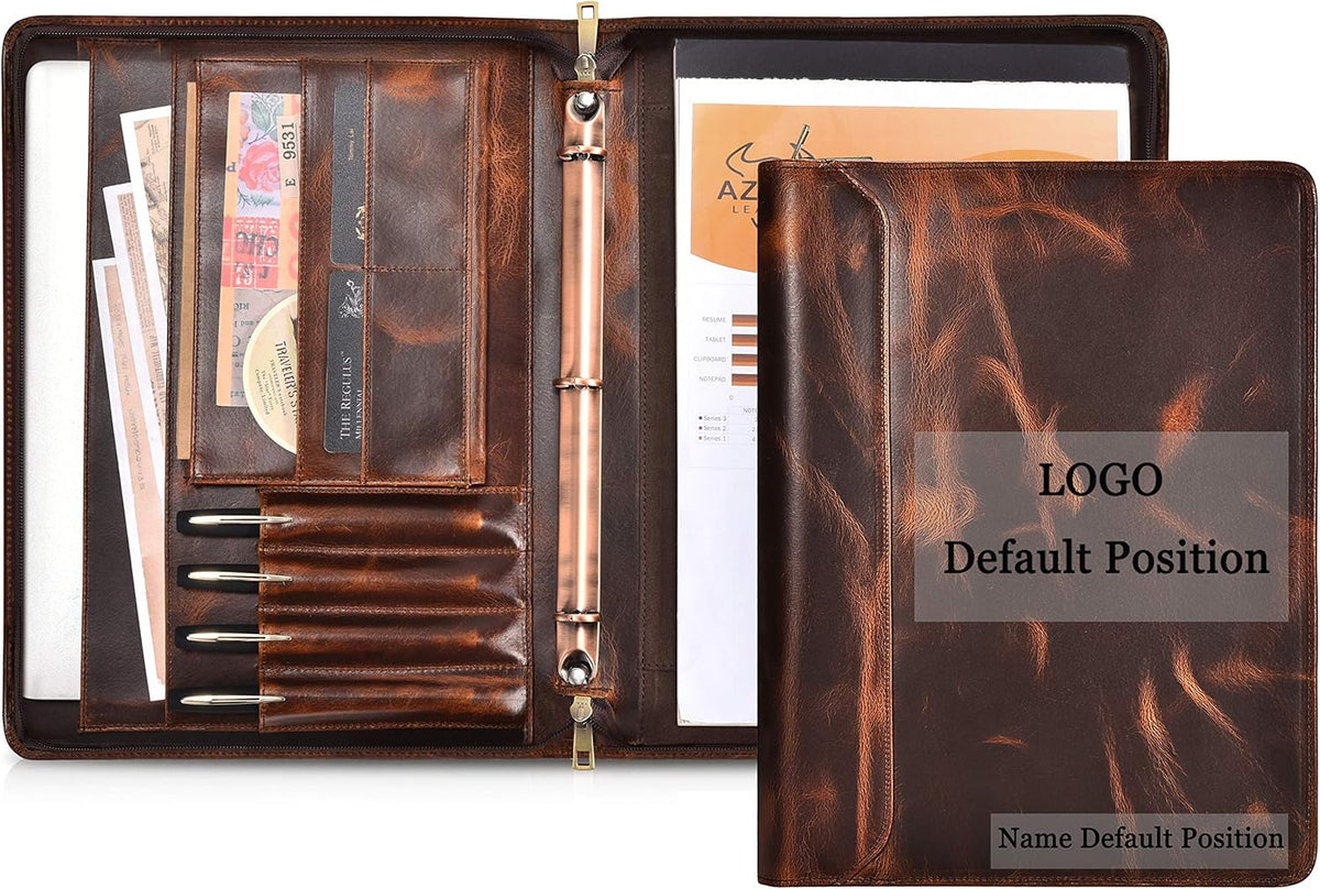 Dark Brown Genuine Leather Padfolio Binder with YKK Zipper F787