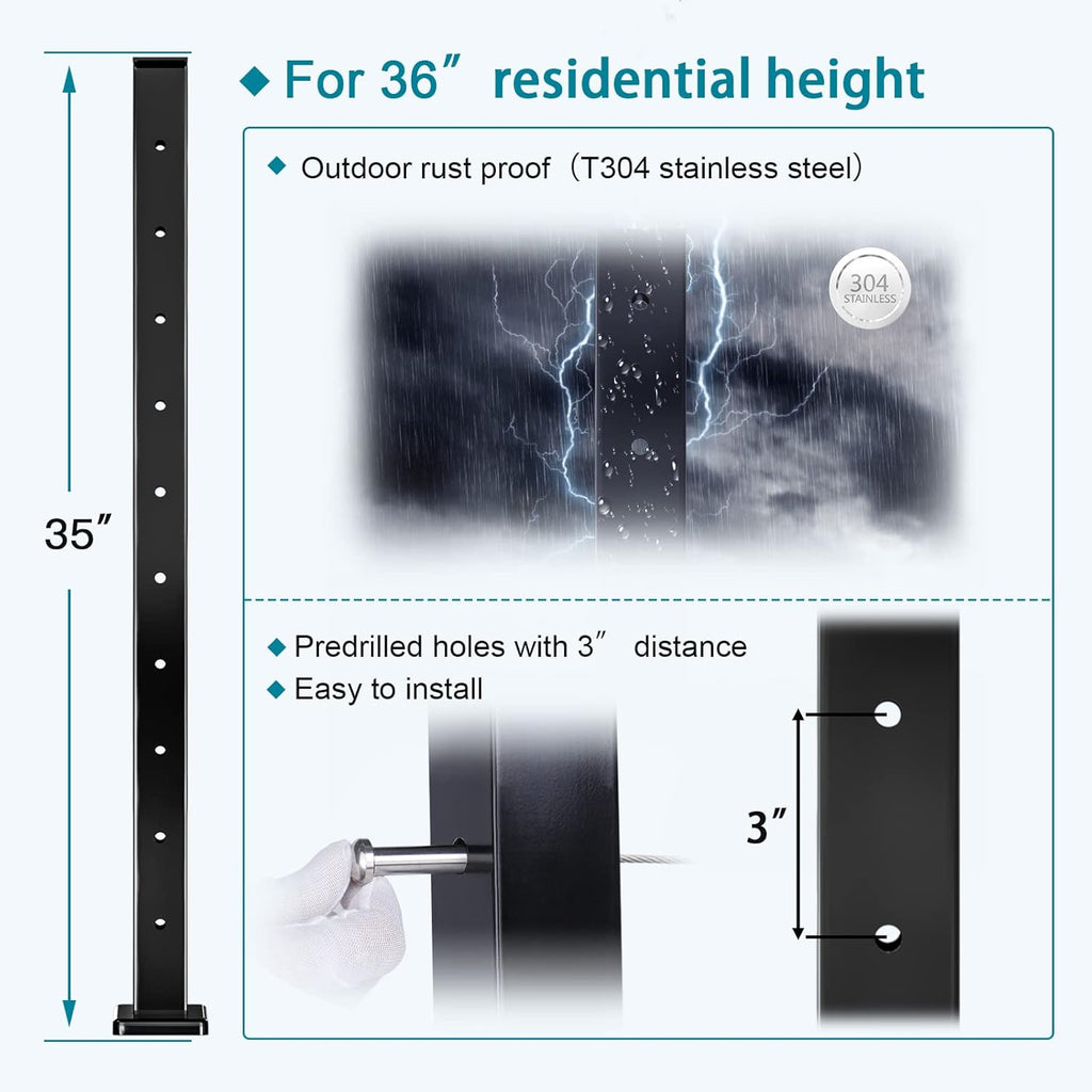 4Pack 36''x2''x2'' Black Square Weldless Stainless Steel Pre-Drilled Cable Railing Post R67224